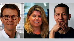 Three people in portrait shots, side by side: Heribert Schunkert in a lab coat and with glasses, Rabea Hinkel with blonde, shoulder-length hair and a dark green top, and Holger Gerhardt in a dark T-shirt, his hand resting on his chin, against a light-coloured background.