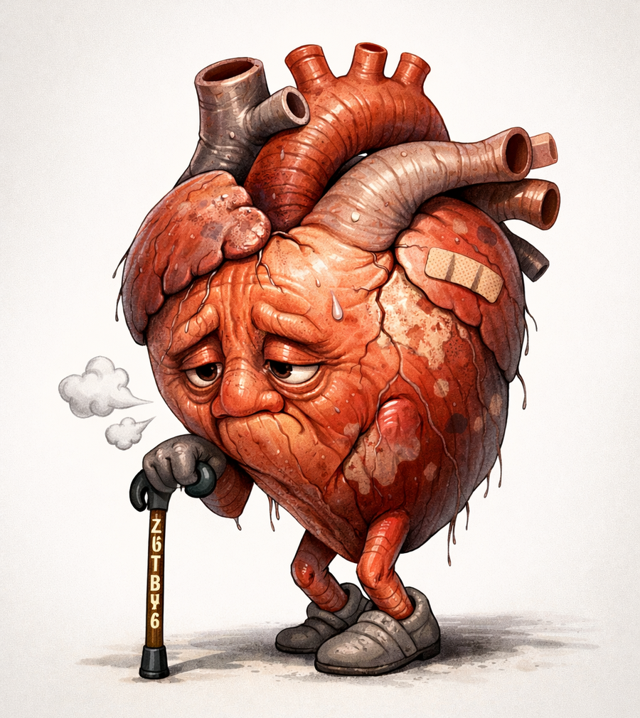 Illustration of an anthropomorphized elderly heart, looking tired and worn out.