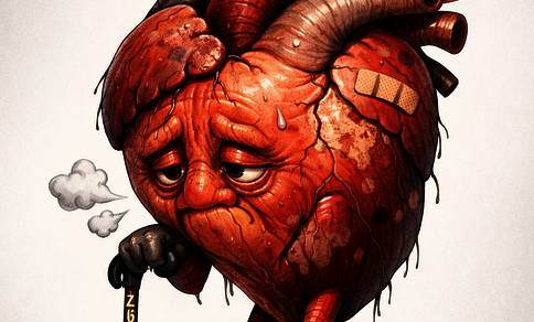 Illustration of an anthropomorphized elderly heart, looking tired and worn out.
