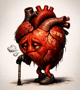 Illustration of an anthropomorphized elderly heart, looking tired and worn out.