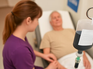 A nurse with brown hair and a purple shirt attends to an elderly male patient lying on a hospital bed. In the foreground, a tilted IV bag filled with a dark liquid hangs from a metal stand. The bag has a white label with unreadable text due to perspective blur. The focus is on the IV, while the nurse and patient are slightly out of focus.