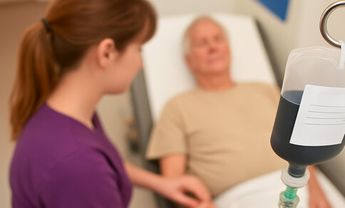 A nurse with brown hair and a purple shirt attends to an elderly male patient lying on a hospital bed. In the foreground, a tilted IV bag filled with a dark liquid hangs from a metal stand. The bag has a white label with unreadable text due to perspective blur. The focus is on the IV, while the nurse and patient are slightly out of focus.