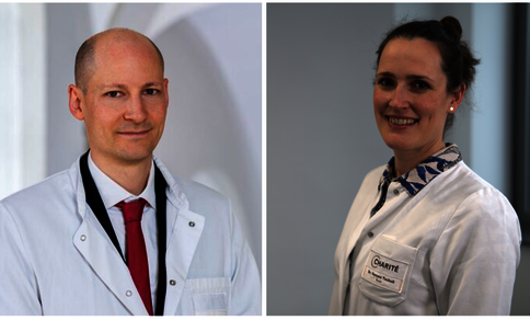 Two portrait photographs of doctors side by side. On the left, a man in a shirt, tie and white’s coat looks into the camera; on the right, a female doctor in a white’s coat stands slightly to the side of the camera and smiles. 