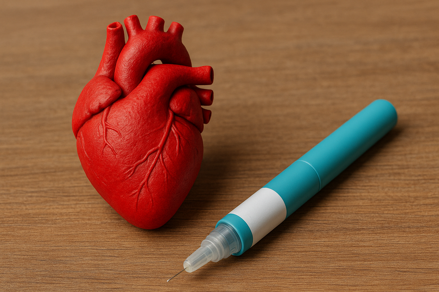 A detailed model of a red human heart on a wooden surface next to a blue injection pen. 