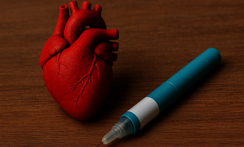 A detailed model of a red human heart on a wooden surface next to a blue injection pen. 