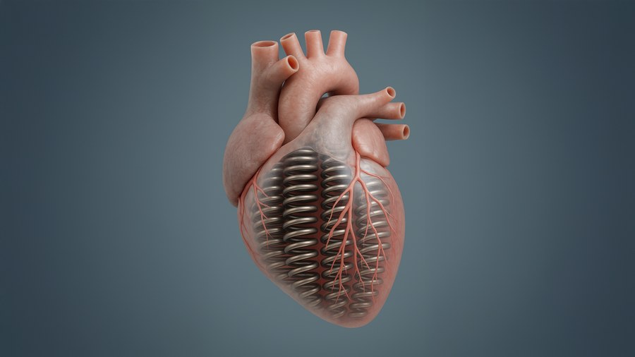 3D-rendered concept image of a human heart fused with mechanical elements, with visible metal coils or springs integrated into the heart structure beneath the surface tissue.