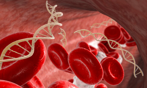 Illustration of red blood cells with superimposed DNA strands as a symbol of genetic changes in the blood.