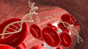 Illustration of red blood cells with superimposed DNA strands as a symbol of genetic changes in the blood.