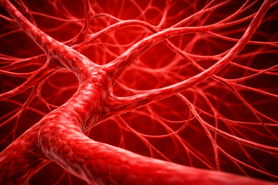 Close-up of red, interconnected blood vessels against a bright red background.