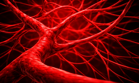 Close-up of red, interconnected blood vessels against a bright red background.