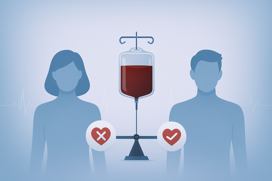 The silhouettes of a woman and a man flank a blood bag balanced on a scale. Next to the woman is a red ‘X’ symbol and next to the man is a red check mark, conveying an evaluation.