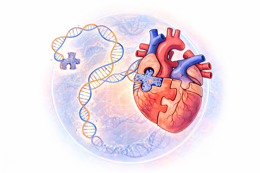 Illustration of a heart with puzzle pieces missing, intertwined with a DNA strand.