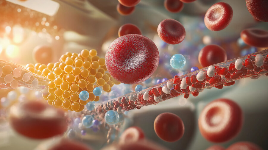 Eine detaillierte 3D-Darstellung, die rote Blutkörperchen, Cholesterinmoleküle und andere Partikel in einem Blutgefäß zeigt.