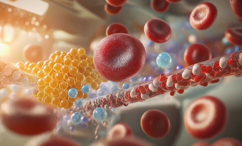 A detailed 3D illustration showing red blood cells, cholesterol molecules, and other particles in a blood vessel.