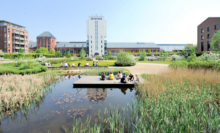 **Alt-Text:**   Ein grüner, parkähnlicher Bereich im Hamburger Stadtteil Bahrenfeld mit einem Teich im Vordergrund, in dem Wasserpflanzen wachsen. Ein hölzerner Steg ragt in den Teich hinein, auf dem mehrere Menschen sitzen, einige im Gespräch vertieft. Im Hintergrund sind moderne und historische Backsteingebäude sowie ein markanter weißer Turm zu sehen. Weitere Personen sitzen auf einer niedrigen Mauer oder spazieren durch die Grünanlage. Das Wetter ist sonnig mit klarem blauem Himmel.