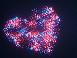 Digital illustration of a heart shape composed of numerous glowing square pixels in shades of red, pink, orange, turquoise and blue against a dark background.
