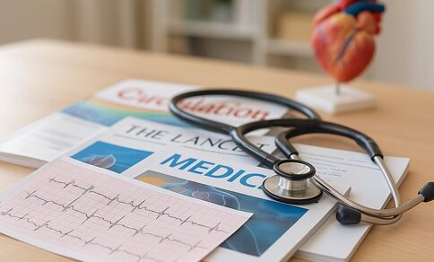 An ECG printout, a stethoscope, and several medical journals lie on a light wooden desk. An anatomical heart model stands blurred in the background. The scene is brightly lit and looks like a workplace in a medical or scientific environment.