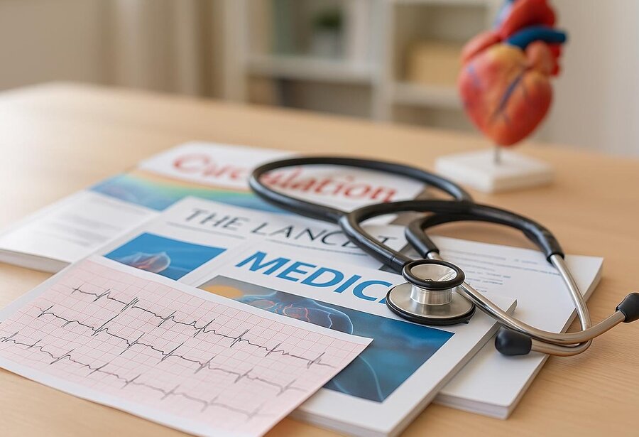 An ECG printout, a stethoscope, and several medical journals lie on a light wooden desk. An anatomical heart model stands blurred in the background. The scene is brightly lit and looks like a workplace in a medical or scientific environment.