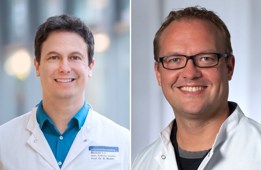  On the left, a man in a white doctor's coat (it is Prof Dr Benjamin Meder) smiles in a friendly manner. On the right, a man in a white doctor's coat (it is Dr Johannes Trebing) smiles in a friendly manner.
