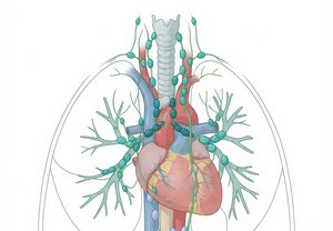 Anatomical illustration of the mediastinum showing the heart with adjacent major vessels (aorta and pulmonary arteries in red, superior vena cava in blue) alongside the trachea and main bronchi in an upright orientation. The lymphatic system is depicted as a network of teal-colored vessels with oval lymph nodes running along the trachea, bronchi, and heart surface. Faint outlines of both lung fields are shown in the background.