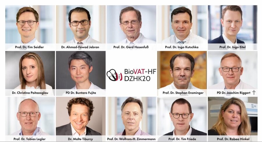 Group photo of 14 people with names and titles around a central logo for BioVAT-HF DZHK20. 