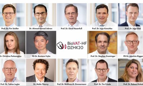 Gruppenfoto von 14 Personen mit Namen und Titel um ein zentrales Logo für BioVAT-HF DZHK20.