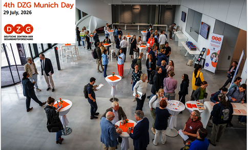Aerial view of a busy reception hall with numerous people standing in small groups at high tables, chatting. Top left, an information panel reading '4th DZG Munich Day, 29 July 2026' with the DZG logo.