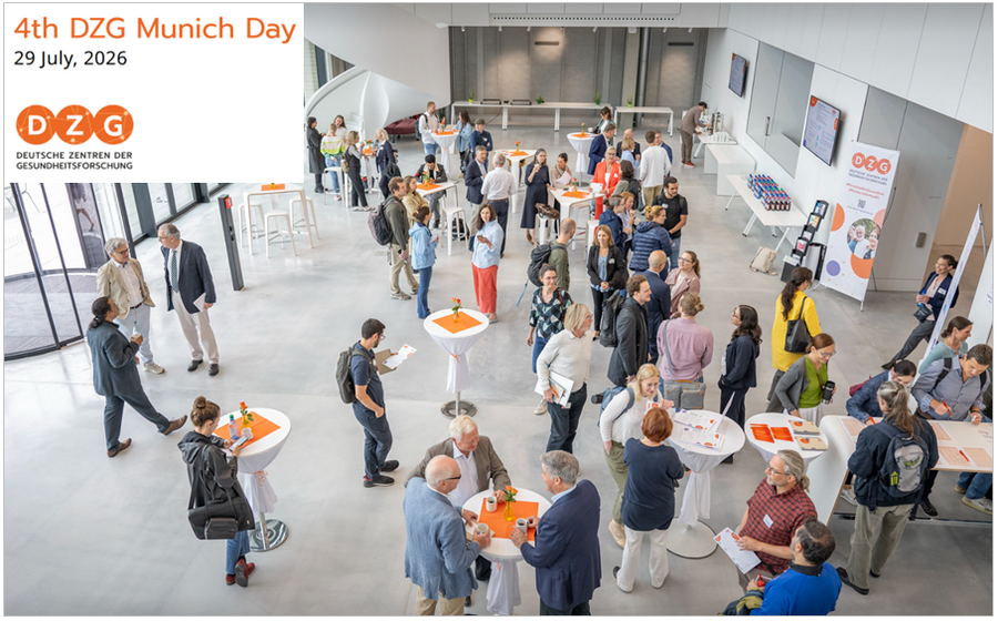 Aerial view of a busy reception hall with numerous people standing in small groups at high tables, chatting. Top left, an information panel reading '4th DZG Munich Day, 29 July 2026' with the DZG logo.